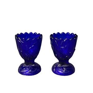 2 Vintage Cobalt Small Vases Candle Holders Floral/ Leaf Pattern Scalloped Edges